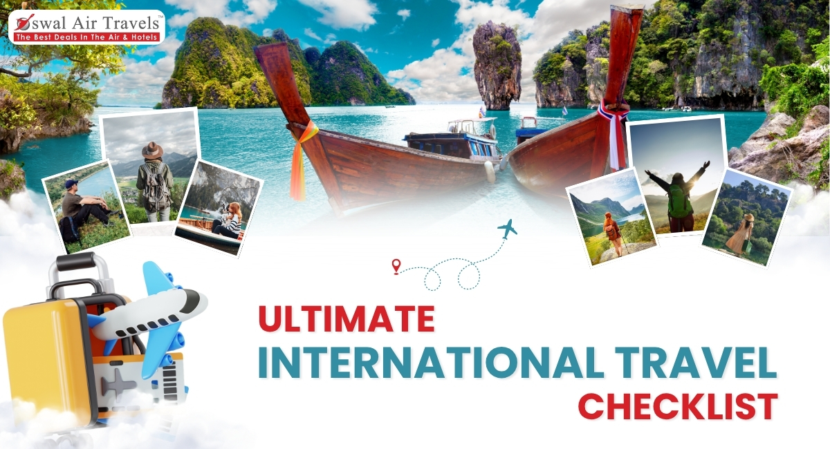 International travel documents checklist including passport, visa, flight ticket and travel insurance
